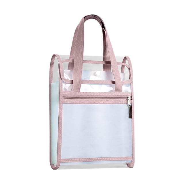 Pink Double Layer Handheld Document Storage Tote Bag, Clear PVC Mesh Large Capacity Portable File Organizer with Front Zipper Pocket for Office Daily Use
