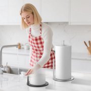 Classic white paper towel, older style, modern kitchen aesthetic, strong absorbency, kitchen cleanup, home maintenance, bathroom hygiene, large size, thick construction, durable fibers,