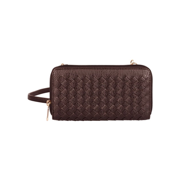 Karla Hanson RFID Blocking Elle Woven Crossbody Phone Wallet, a chic and practical shoulder bag made of smooth vegan leather. Features a woven texture, zipper closure, adjustable detachable strap, and handle. Includes 1 accordion compartment, 1 back slip phone pocket, 1 inner zipper pocket, 12 card slots, and 2 bill slots for organized storage.