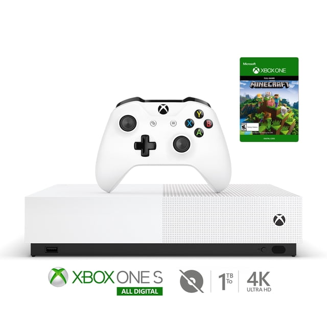 Microsoft Refurbished Xbox One S 1TB All-Digital Edition Bundle with Minecraft - Disc-free Console, Wireless Controller and Game Keycard - White