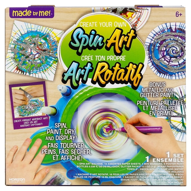 Made By Me Crée Ton Propre Ensemble d'Art Rotatif avec une machine d'Art Rotatif Bleue et Verte avec Pare-Éclaboussures, Application Manuelle de Peinture Violette sur Papier Rotatif Créant des Motifs Abstraits Vibrants, Comprend des Peintures Métalliques et Scintillantes, des mini Marqueurs et 16 Feuilles de Papier Assorties, Convient aux Enfants de 6 Ans et Plus pour Créer des Bricolages Colorés Uniques.
