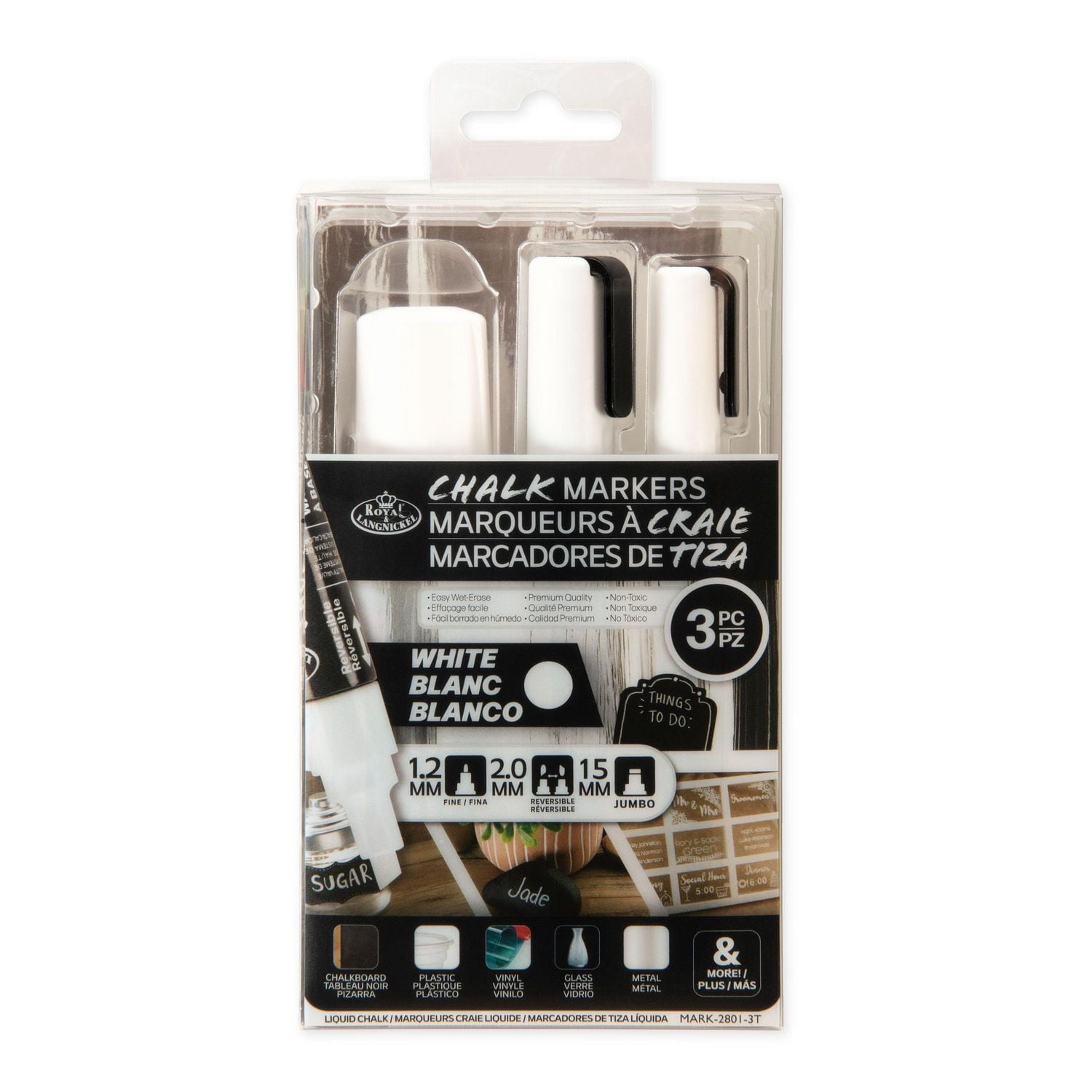 Royal & Langnickel 3 Piece Chalk Drawing Marker Set, White Variety of Size Tips