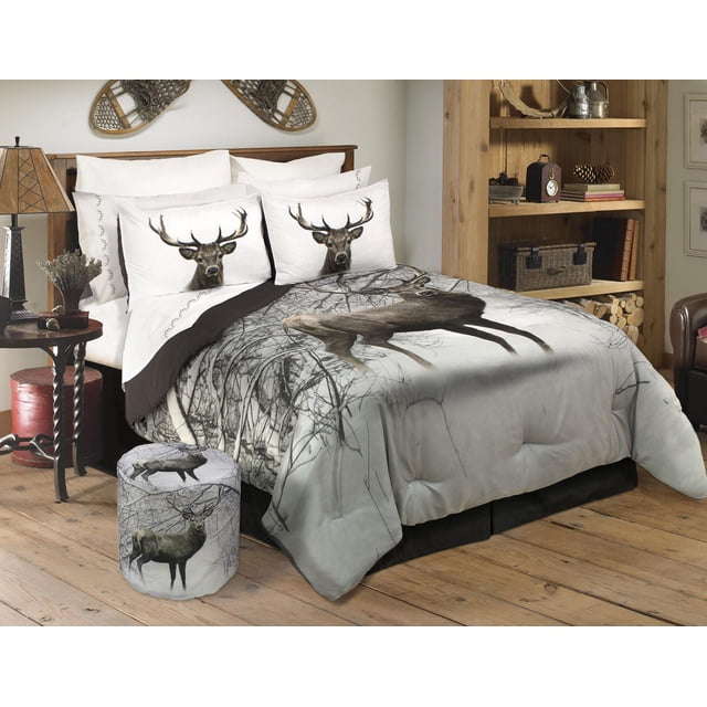 Safdie & Co. Comforter Set 3PC K Deer In Snowy Forest with queen-size comforter and two pillow shams in 100% polyester microfiber, featuring detailed deer and snowy forest branch prints in muted grey and brown tones, ideal for adding warmth and rustic style to bedroom decor.