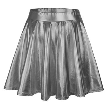 Fgnfyis Carnival Skirts for Women Fashion High Waist Pleated Solid Color Metallic Sparkly Flared A Line Mini Skirt for Stage Mini Skirts Grey M