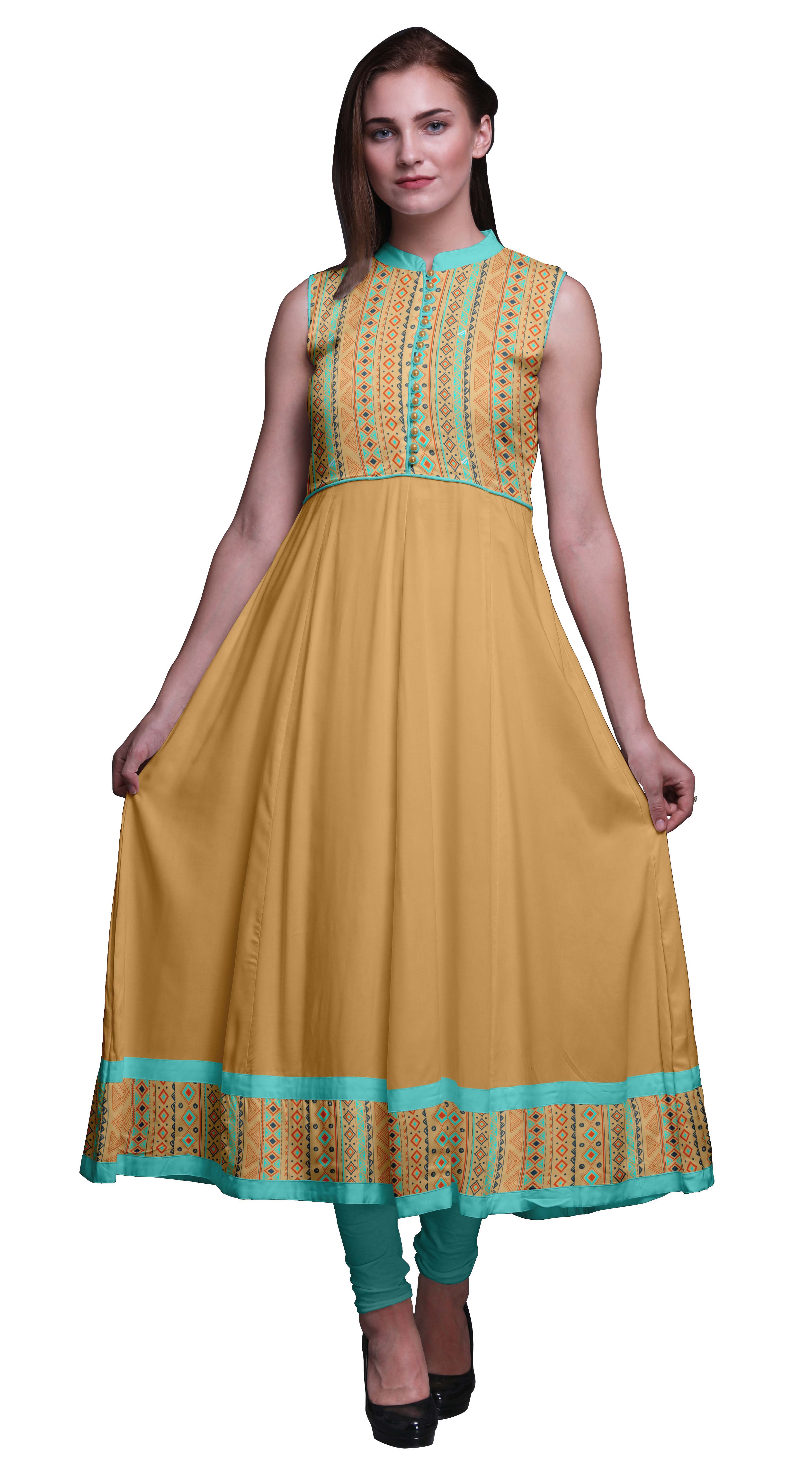 Bimba Robe Anarkali pour Femmes Orange Pâle à Imprimé Géométrique, Col Mandarin, Designer, Ethnique Indienne, Kurta, Moyen