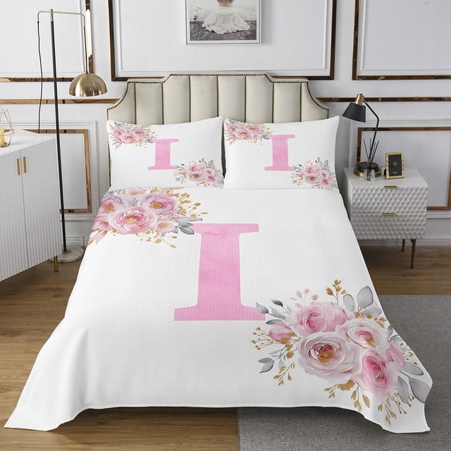Erosebridal Ensembles de Couvre-Lit Initiale A-Z Format Simple, Courtepointe Lettre Initiale I, Déco Rose Rose