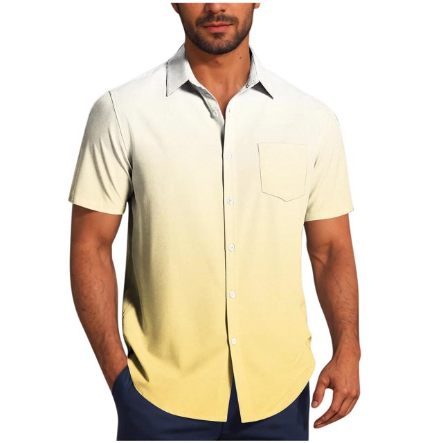 Pisexur Shirts for Man T Hommes Mode Décontractée Col Rabattu Impression Dégradée Chemise à Manches Courtes Blouse Jaune, m Chemises de Golf Hommes & Chemises Hommes