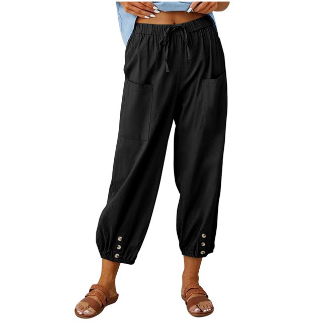 Women‘s Cotton Linen Pants Drawstring Elastic Waist Capri Pants Lounge Pants with Pockets