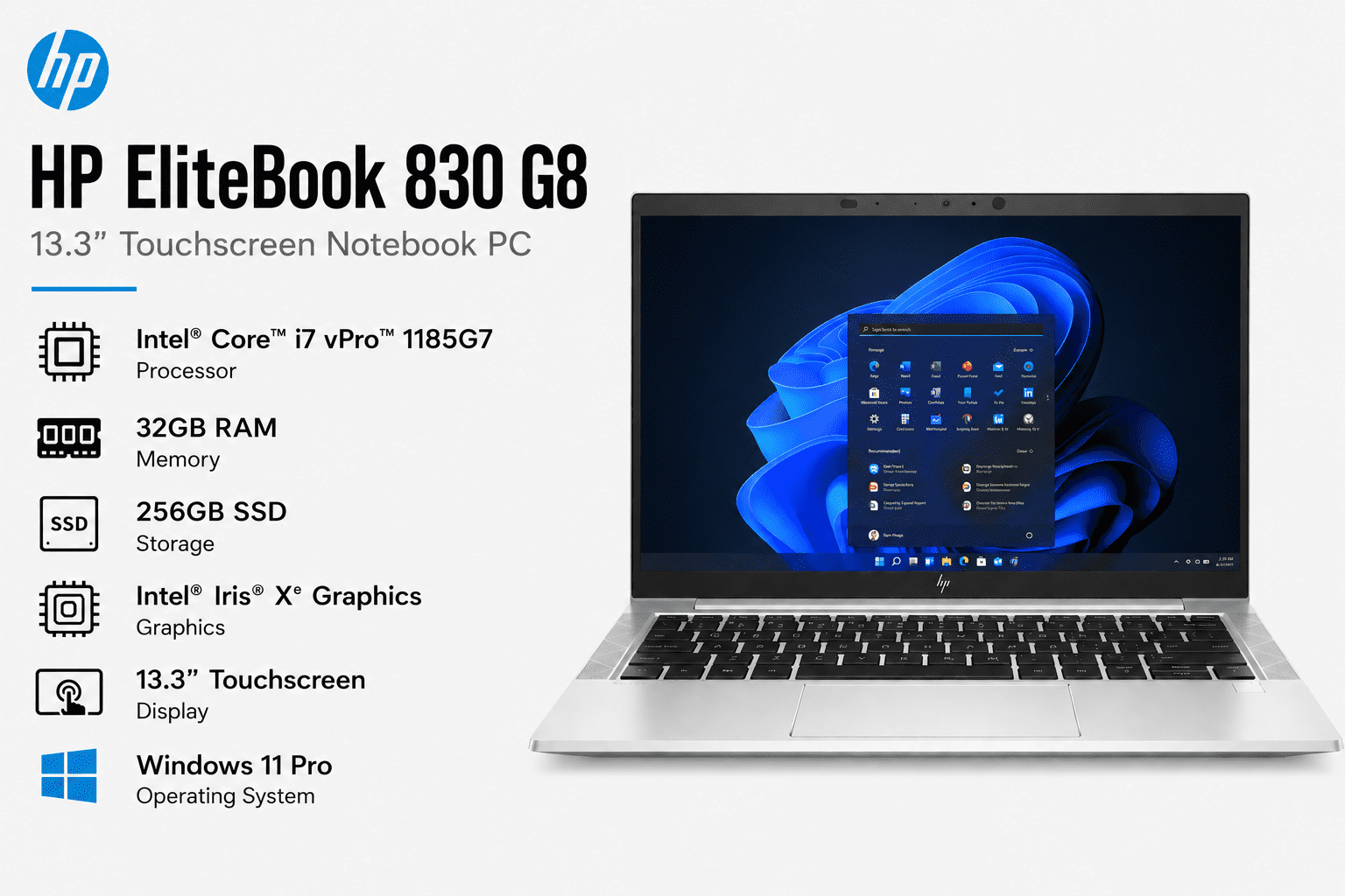 HP EliteBook 830 G8 Intel i7 vPro 1185G7 32GB RAM 256GB SSD Intel