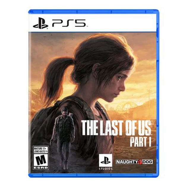 The Last of UsTM Part I - PlayStation®5 game cover Mettant en Vedette un Profil Latéral d'Un Personnage avec une Queue de Cheval et un Sac à Dos contre un Ciel au Coucher du Soleil, avec un Autre Personnage Marchant en Arrière-Plan, Reflétant le Décor Post-Apocalyptique du Jeu et l'Histoire Émotionnelle.