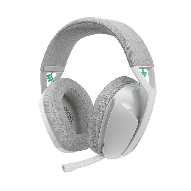 Logitech G321 LIGHTSPEED Wireless Bluetooth Gaming Headset in white with grey knit fabric memory foam ear cups and headband, featuring a flip-to-mute 16 kHz boom microphone, lightweight 210 g design, and wireless connectivity for PC, PS4, PS5, Nintendo Switch, and mobile gaming, suitable for immersive team communication.