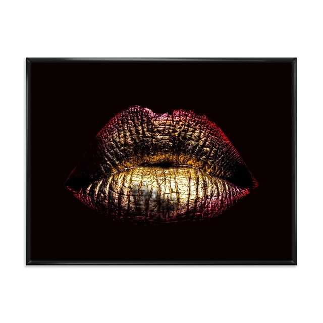 Designart Sexy Golden Metallized Female Lips IV FLOAT FRAME WALL ART featuring a centered close-up of metallic gold and red female lips on black canvas, gallery-wrapped and stretched over a 1-inch wood floating frame, printed with fade-resistant ink, ready to hang, ideal for modern and romantic home décor.