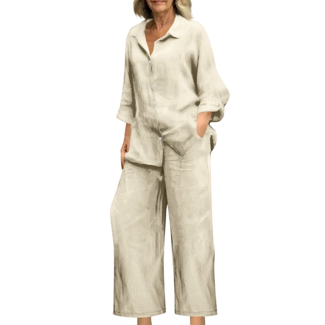 Miqool 2 Piece Sets for Women Summer Tracksuits Button Down Oversized Shirts and Wide Leg Long Pants Two Piece Lounge Sets Matching Outfits with Pockets