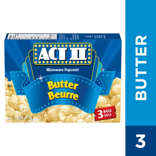 ACTII® Maïs Soufflé Gourmet pour Micro-Ondes - Boîte Saveur Beurre avec Trois Sacs de 78 g, avec Emballage Bleu avec Texte « Butter Beurre » Jaune sur une Pellicule et des Grains de Maïs Soufflé Visibles au Bas, Convient pour une Collation Chaude et Partageable.