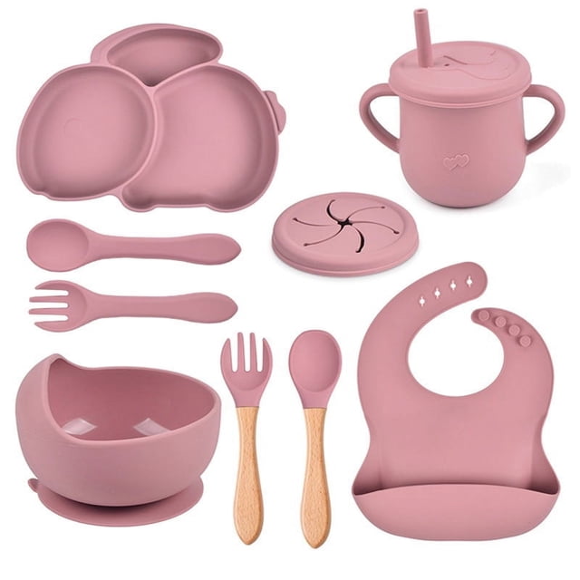 AMERTEER 9Pcs Children‘S Silicone Tableware Set Baby Non-Slip Divided Children‘S Plate Bowl With Suction Cup