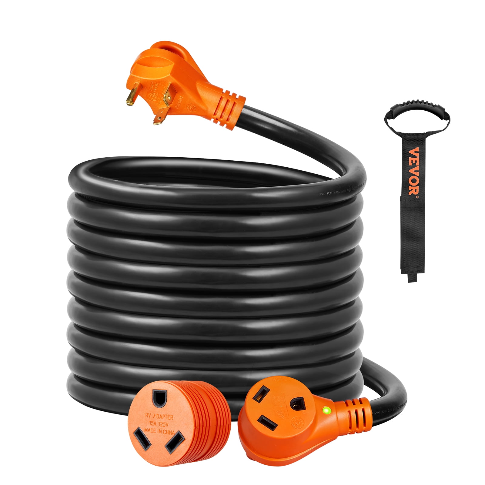 VEVOR 25 ft RV Extension Cord, 30 Amp, Heavy Duty STW RV Power Cord, NEMA TT-30R Female NEMA TT-30P Male Plug, with LED Indicator Handle 15A Adapter, ETL Listed