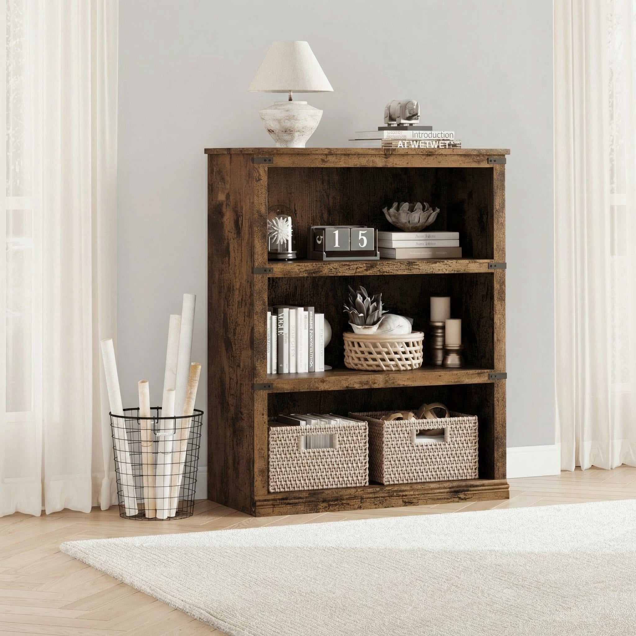 3 Tier Bookcase, Farmhouse Book Shelf with Storage, Low Book Case Wooden 3 Shelf Bookcase for Home Office, Living Room, Bed Room, Vintge