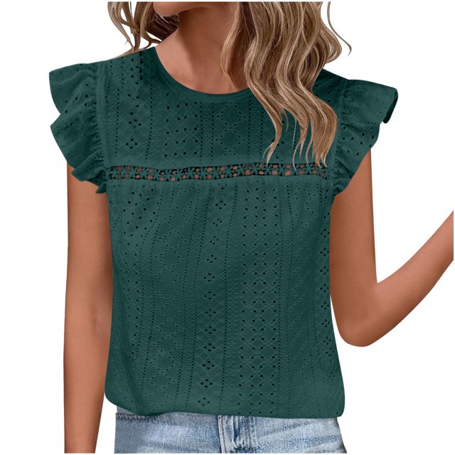 GigrtiJin Hauts d'Été pour Femmes à Volants, Col Rond, Oeillets, Ajourés, Chemises Unies, Manches Courtes, Blouses Basiques Mode