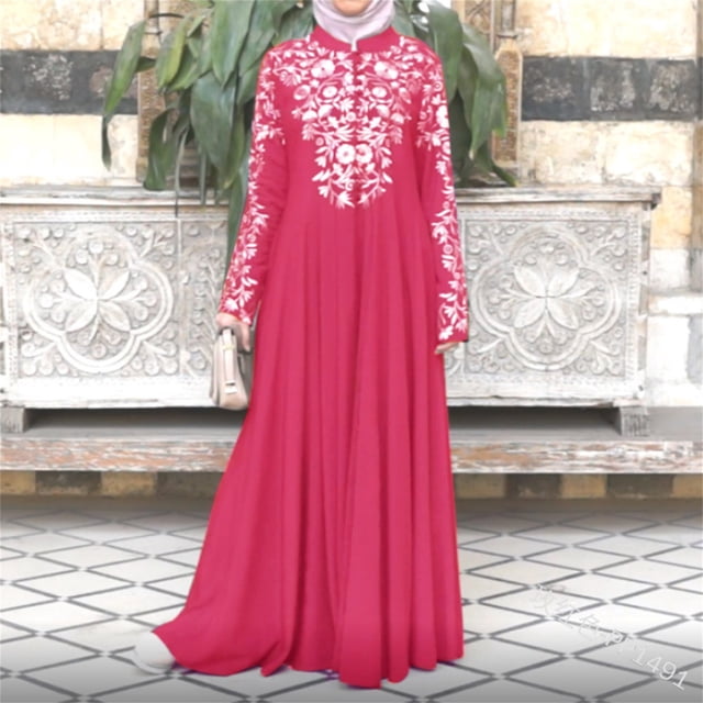 LOVZFMLL Robe Mode Femme Musulmane Robe Islamique en Dentelle à Coutures à Manches Longues Robe Maxi Rose Vif 2TG