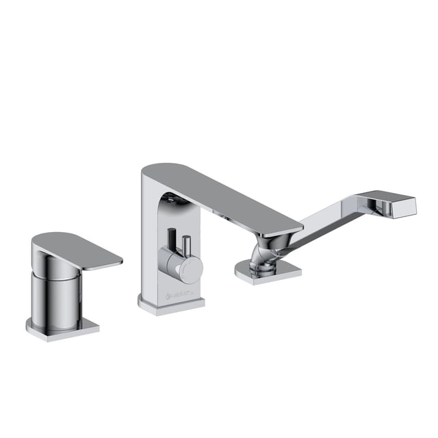 akuaplus® Roman Bathtub Faucet ELENA solid brass 3-piece set with polished chrome finish, featuring a flat lever handle, rectangular spout with 2-way diverter, and square-based hand shower with flow restrictor, designed for 3-hole installation in bathroom renovations.