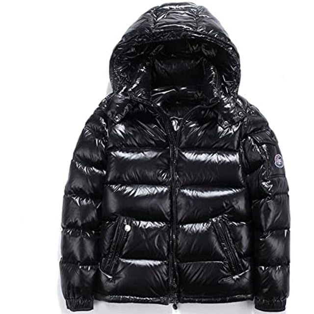 Shiny down jacket men's winter jacket with stand-up collar and hood, shown in black. A casual men's outerwear piece with a loose fit, plain pattern, and thicker polyester fiber fabric filled with 86%-90% white duck down. Includes zipper placket, detachable collar, and pocket decoration.