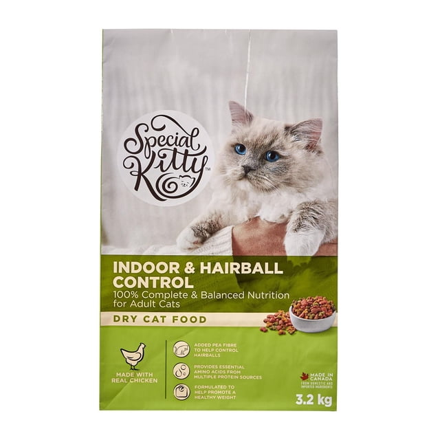 Special Kitty Indoor & Hairball Control Dry Cat Food bag featuring a fluffy grey and white cat with blue eyes. The 3.2 kg package supports indoor cat nutrition with real chicken, added pea fibre to reduce hairballs, essential amino acids from multiple protein sources, and promotes healthy weight. Made in Canada from domestic and imported ingredients.