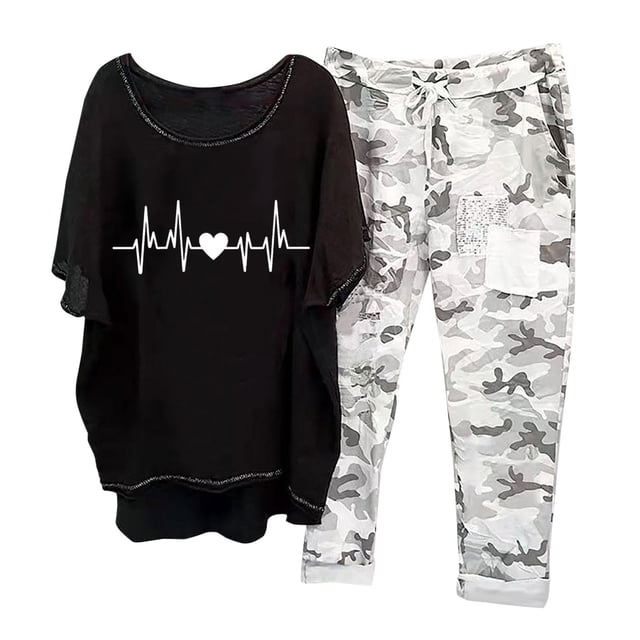 Ensembles pour Femmes, T-Shirt à Col Rond Imprimé à Manches Mi-Longues, Chandail à Enfiler, Hauts + Pantalon, Ensemble de Pantalons, Ensembles Confortables pour Femmes en Liquidation