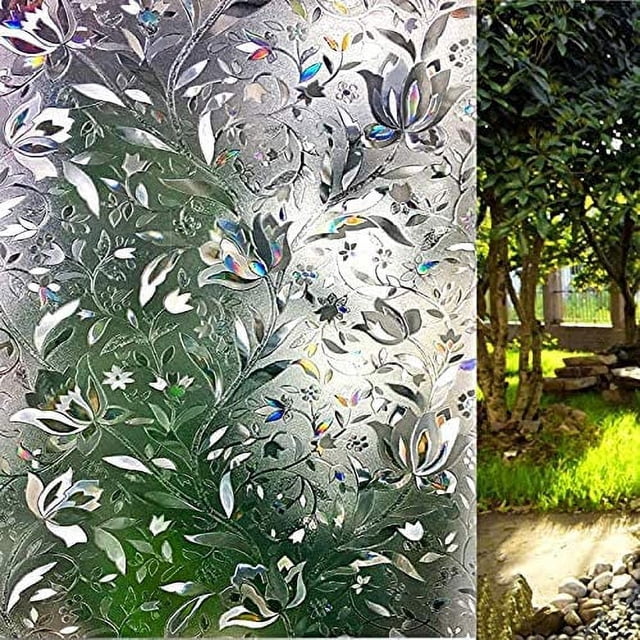 3D Window Film No Glue Static Decorative Privacy Films Window Frost Film for Glass with a floral tulip design and iridescent accents. Applied to a glass surface, it creates a frosted effect for privacy while allowing light to pass through. Ideal for clean, smooth glass surfaces, it uses electrostatic technology for easy application and removal without residue. Provides UV protection and enhances room aesthetics.