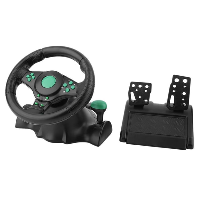 Volant de Course à Vibrations pour Jeux avec Pédale pour Xbox 360, PS2, PS3 et PC. l'Ensemble Comprend un Volant Noir et Vert au design Réaliste, Doté d'Une rotation à 180 Degrés, d'Un Retour de Vibration et de Ventouses pour une Adhérence Accrue. la Pédale d'Accompagnement Offre une Fonctionnalité Analogique en mode Numérique et des Pédales à Ressort pour une Expérience de Conduite Réaliste. Fabriqué en Matériau ABS, le Volant Comprend Toutes les Commandes et Boutons de Manette pour un Jeu Fluide.