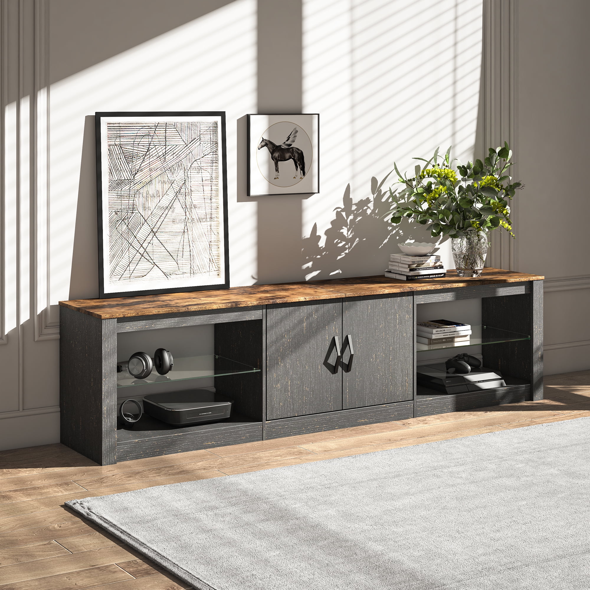 Bestier 70" TV Stand for TV's up to 75", TV Cabinet with Door & Adjustable Glass Shelves, Golden Black