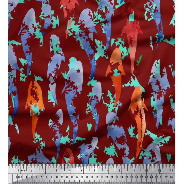 Soimoi Red Poly Georgette Fabric Fish Ocean Printed Craft Fabric by the Yard 52 Inch Wide