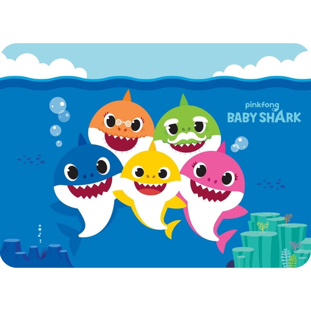 Baby Shark "Sharky Family' Placemat with five colorful cartoon sharks underwater, including blue, yellow, pink, orange with glasses, and green with a mustache, surrounded by bubbles and coral on a blue ocean background with white clouds, made of durable, stain-resistant polypropylene for easy wipe-clean care.