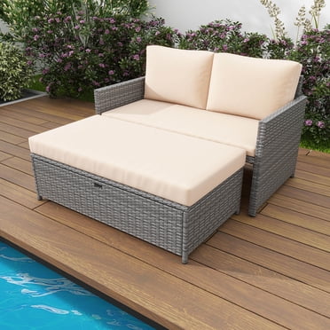 Costway Causeuse de Patio 2 Pcs avec Pouf de Rangement Multifonction de 31 Gal et Coussins Doux