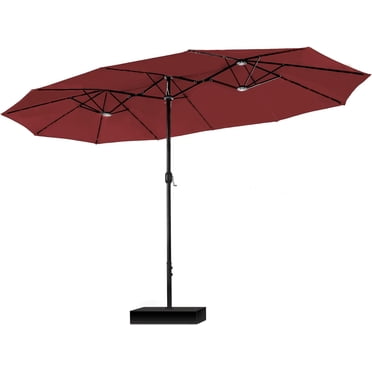 Parasol de Patio 15 Pi à Double Face pour l'Extérieur, Parasol de Marché Extra Grand avec Manivelle, Base de Parasol Incluse (Rouge Foncé)