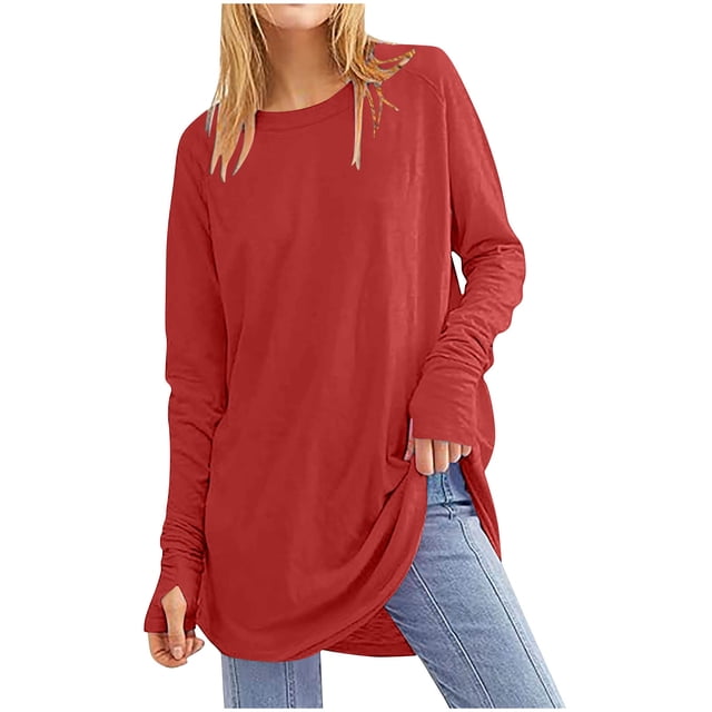 Tuniques à Manches Longues pour Femmes 2024 Hauts Tuniques avec Trous pour les Pouces Décontractés Amples T-Shirts à Col Rond pour Leggings Chandails à Enfiler Hauts Blouses T-Shirts Rouge P