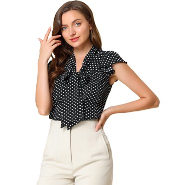 INSPIRE CHIC Blouse pour Femme à Pois, Col Noué, Manches Courtes Volantées, Haut de Bureau, L Noir