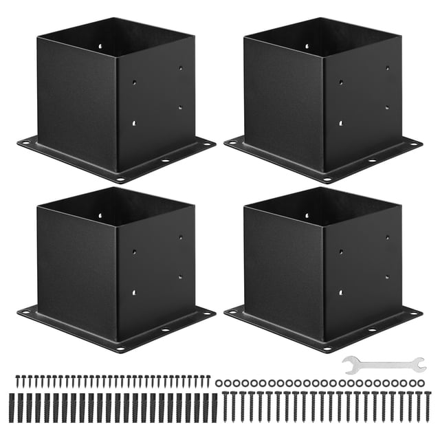 VEVOR 4 Pack 4x4 Post Base Brackets Wood Fence Post Anchor with inner dimensions of 3.6x3.6 inches, designed for fence post repair kits. Made of durable carbon steel with a powder-coated finish for rust resistance. Includes screws, washers, expansion bolts, and a wrench for easy installation on concrete or wooden floors. Ideal for pergolas, porch railings, and column supports.