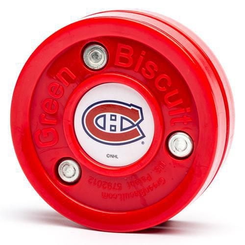 Green Biscuit NHL Training Puck - Montreal Canadiens in red with the team logo at the center, designed for ice hockey stick-handling and passing practice to improve skills.