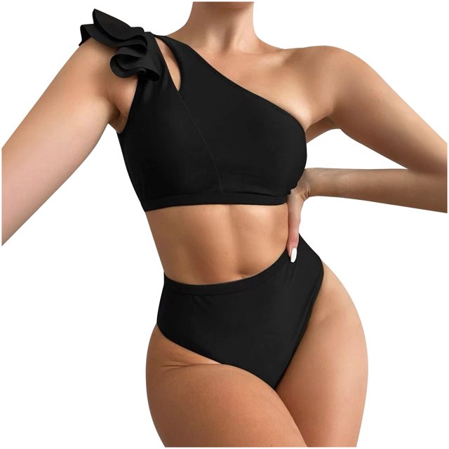 EGNMCR Bikini Set Women's Color High Waist One Shoulder Bikini Split Swimwear Set