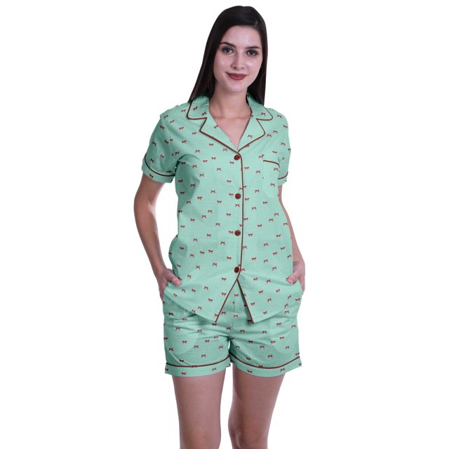 Moomaya Ensemble de Pyjama en Coton pour Femmes, Chemise de Nuit à Col Cranté à Manches Courtes