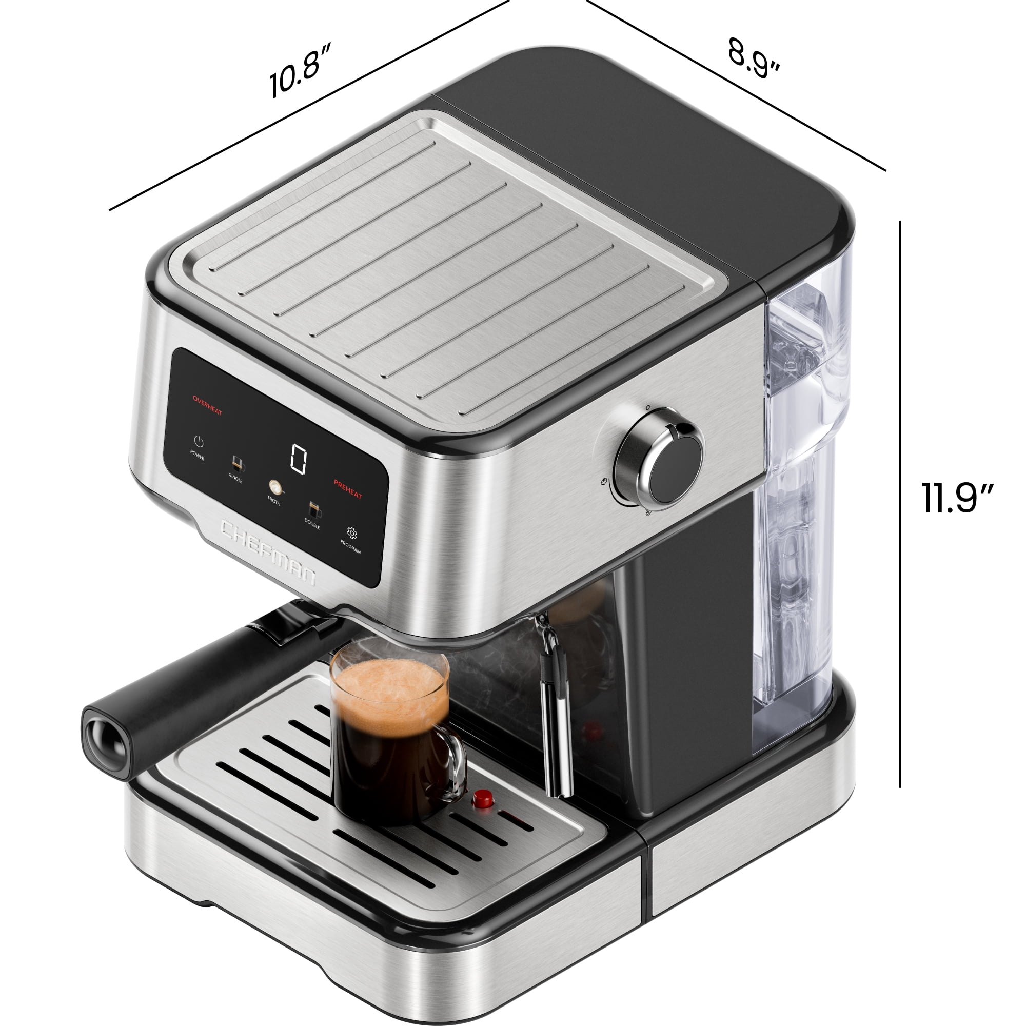Machine à espresso Chefman CraftBrew avec buse vapeur et commandes tactiles - Acier inoxydable