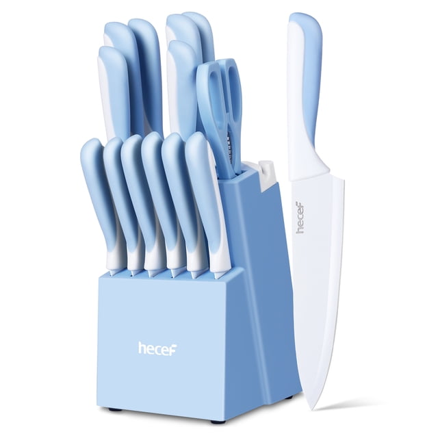 Hecef 15-Piece Knife Block Set featuring ultra-sharp stainless steel knives with a rustproof white coating. The set includes a variety of knives, shears, and a sharpener, all housed in a ventilated blue wood block. The knives have lightweight, textured handles in a matching blue and white design for reduced wrist strain. This complete set is ideal for slicing, chopping, and cutting, and includes chef, bread, slicing, santoku, utility, paring, and steak knives.