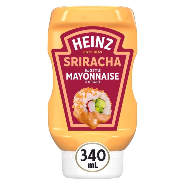 Heinz Sauce Style Mayonnaise Sriracha 340 ml Bouteille Compressible orange avec Étiquette avant Mettant en Vedette la Marque Heinz, Texte Mélange Sriracha et Mayonnaise, et un Rouleau de sushi Trempé dans la Sauce, Convient pour Tremper des Frites, des Bols de Riz et des Pépites de Poulet.
