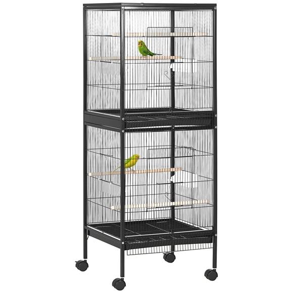 PawHut 2 In 1 Bird Cage Aviary with Wheels, Wood Perch, Black