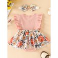 thumbnail image 2 of Kmbangi Bébé Filles 2Pcs Romper Ensemble, Manches Mouche Col Rond Bowknot Fleur Imprimer une Ligne Robe d'Été avec Bandeau pour 0-18M, 2 of 8