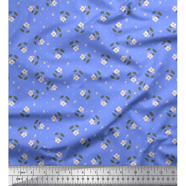Soimoi Blue Poly Georgette Fabric Dot & Floral Print Sewing Fabric BTY 52 Inch Wide