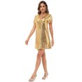 thumbnail image 4 of Robe Mini de Fête à Paillettes Col en V Manches Courtes pour Femme, Or, Moyen, 4 of 5