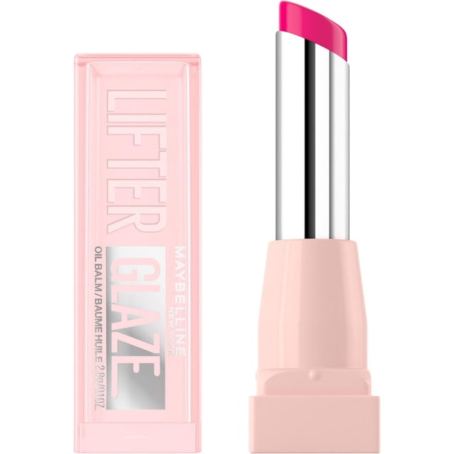 Maybelline New York Lifter Glaze Oil Balm in a light pink rectangular tube with a clear cap embossed with the product name. The bright pink balm has a smooth angled tip, formulated for lip hydration and a glossy finish.