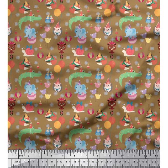 Soimoi Polyester Crepe Fabric Balloon & Cute Animals Kids Print Sewing Fabric Yard 42 Inch Wide