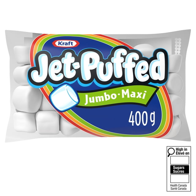 JET PUFF 400G WEST jumbo marshmallows in a clear plastic bag with a blue label featuring the Jet-Puffed logo, Kraft brand, and Jumbo Maxi text, containing large white marshmallows, suitable as a dessert topping or for making s'mores, with a Health Canada sugar warning.